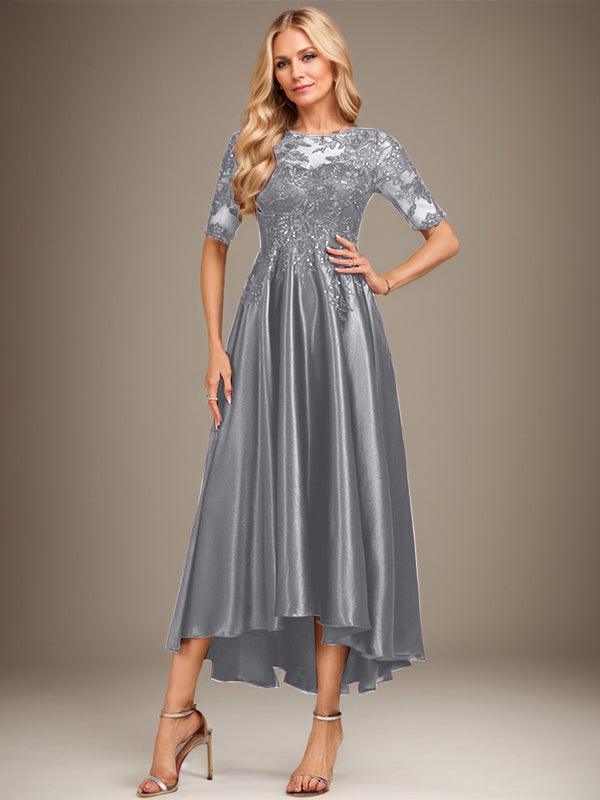 A-Linie Rundhalsausschnitt Illusion Asymmetrisches Stretch-Satin-Spitzen-Brautmutterkleid mit Pailletten