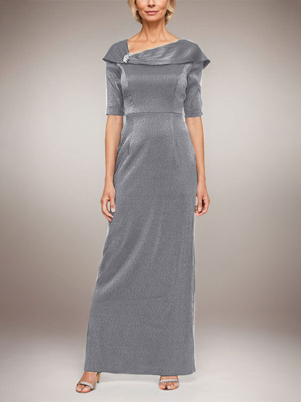 Langes schimmerndes Säulenkleid mit umgeschlagenem Ärmelbündchen, L-Ausschnitt und Ellbogenärmeln