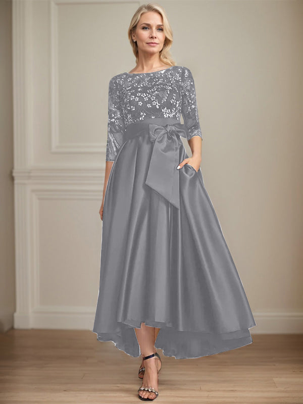 A-line Scoop Illusion Asymmetrical Satin Lace Mother of the Bride Dress With Bow