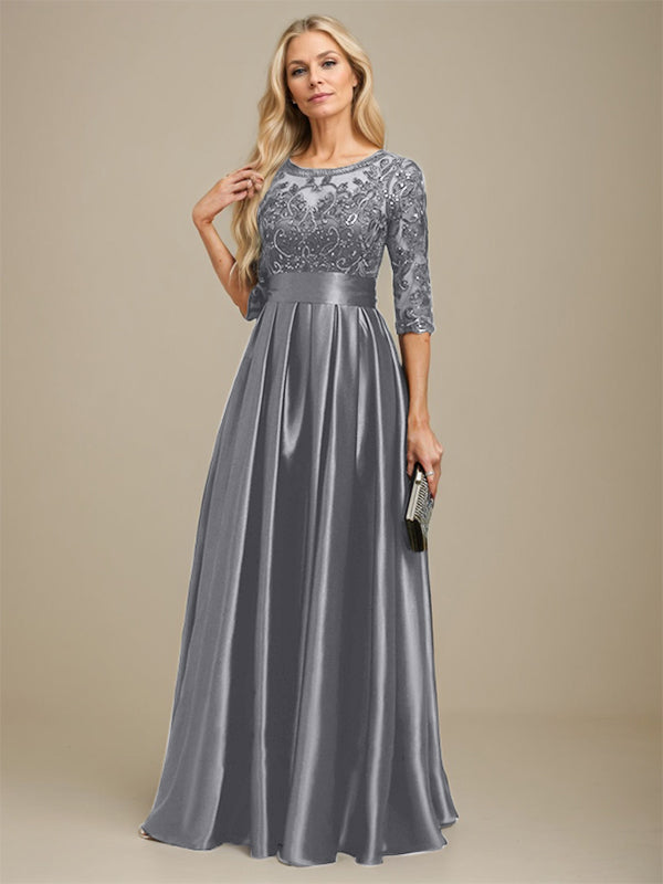 A-Linien Ausschnitt Illusions bodenlanges Stretch-Satin-Spitzenkleid für die Brautmutter mit Schleife und Pailletten