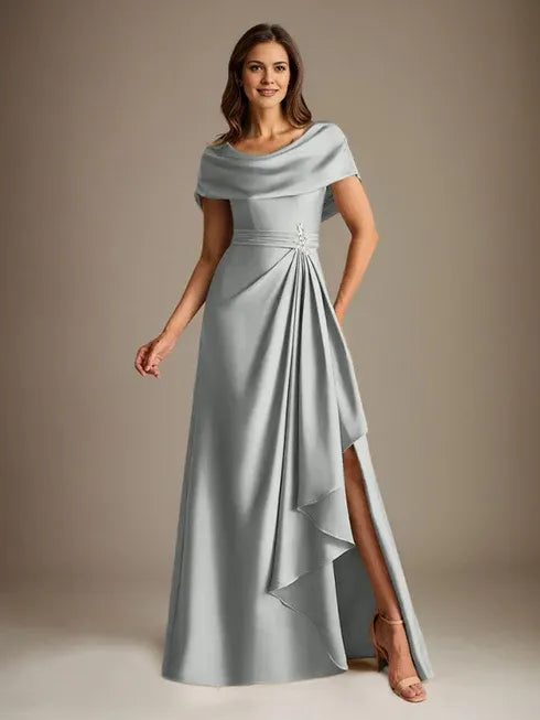 A-Linien-Kleid mit Rundhalsausschnitt, bodenlang, aus Stretch-Satin, Brautmutterkleid mit fallenden Rüschen