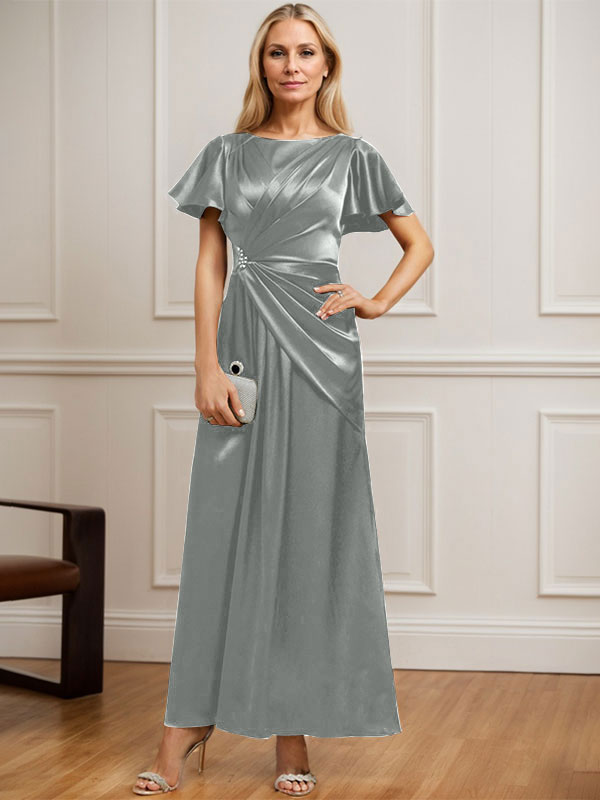 A-Linien Rundhals Knöchellanges Stretch Satin Mutter der Braut Kleid mit Plissierten Perlen