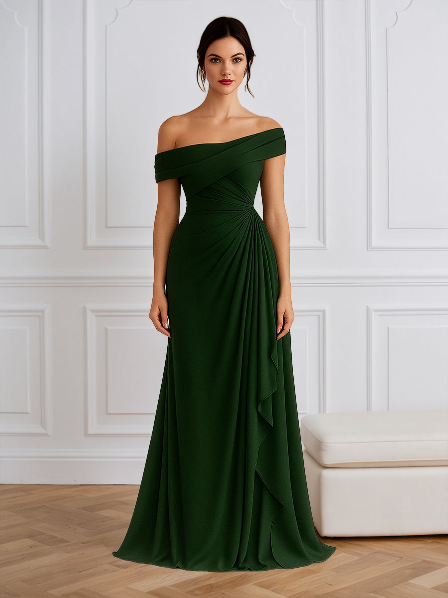 Vestido formal cinza azulado de cetim, um ombro só e modelo tubinho