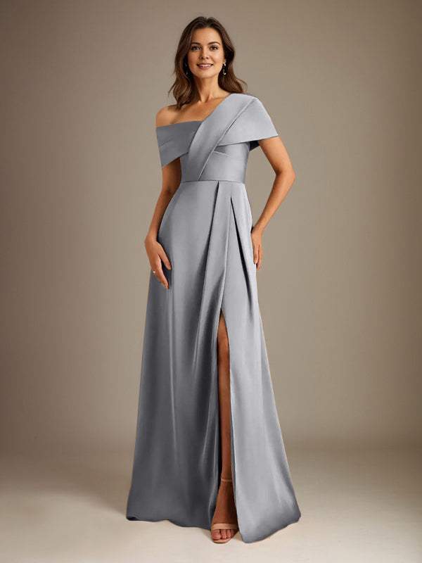 A-Linien asymmetrischer Ausschnitt bodenlanges Satin-Brautkleid für die Brautmutter mit Falten