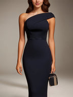 Evening Dress Navy Blue One Shoulder Sleeveless Tea-Length Dress