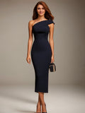 Evening Dress Navy Blue One Shoulder Sleeveless Tea-Length Dress