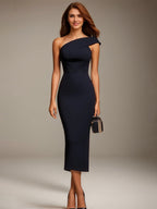 Evening Dress Navy Blue One Shoulder Sleeveless Tea-Length Dress