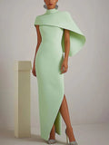 Schickes Party-Kleid Salbeigrün hoher Kragen Cape asymmetrisches Maxikleid