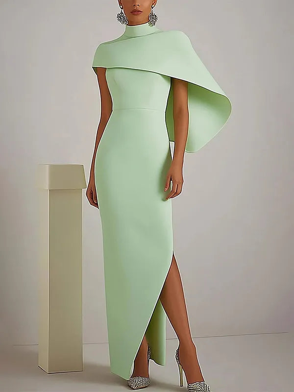 Schickes Party-Kleid Salbeigrün hoher Kragen Cape asymmetrisches Maxikleid