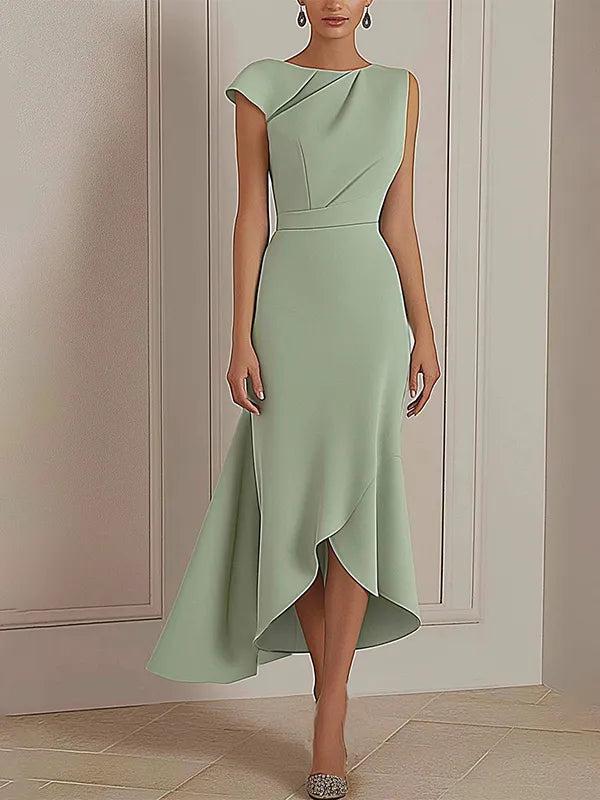 Tägliches Party-Kleid Salbeigrün, Rundhalsausschnitt, asymmetrisches Midikleid