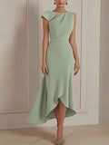 Tägliches Party-Kleid Salbeigrün, Rundhalsausschnitt, asymmetrisches Midikleid