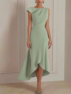 Tägliches Party-Kleid Salbeigrün, Rundhalsausschnitt, asymmetrisches Midikleid