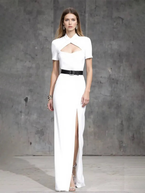 Cocktailparty-Kleid Weiß mit kleinem Stehkragen und Schlitz, bodenlang