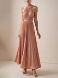 Hochzeitsgast Freizeitkleid Hellrosa Neckholder Falten Maxi Kleid