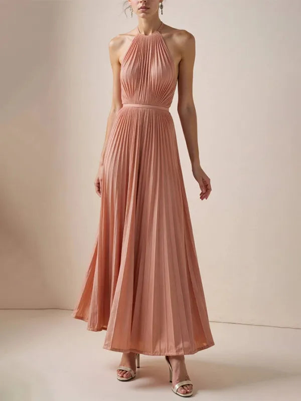 Hochzeitsgast Freizeitkleid Hellrosa Neckholder Falten Maxi Kleid