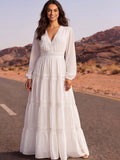 White A Line V Neck Tiered Long Boho Wedding Dress
