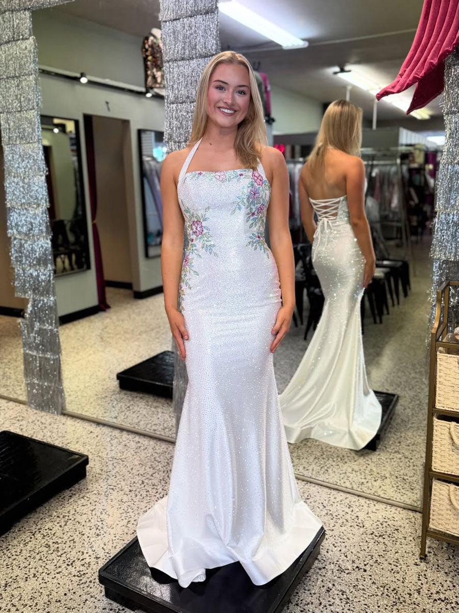 Robe de bal à col halter avec laçage dans le dos, corsage brodé floral