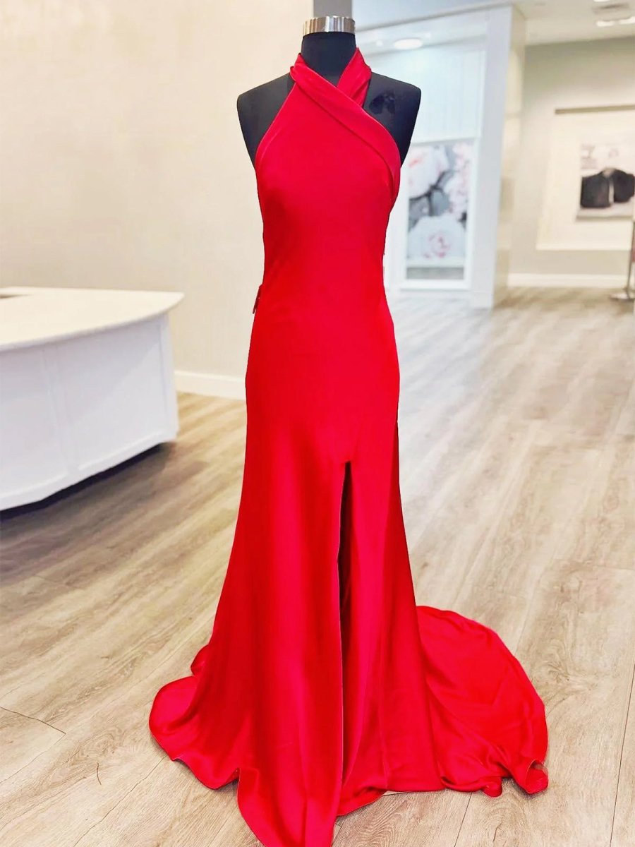 Robe longue sirène en satin à col licou avec fente