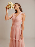 Dusty Rose V Neck Pleated Ruffle Floor-Length Tulle Bridesmaid Dress