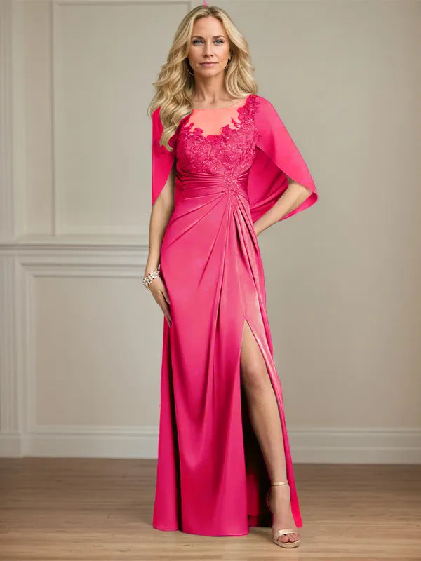 Robe mère de la mariée en satin, coupe fourreau/colonne, encolure dégagée, manches courtes, longueur au sol