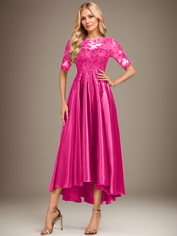 A-Linie Rundhalsausschnitt Illusion Asymmetrisches Stretch-Satin-Spitzen-Brautmutterkleid mit Pailletten