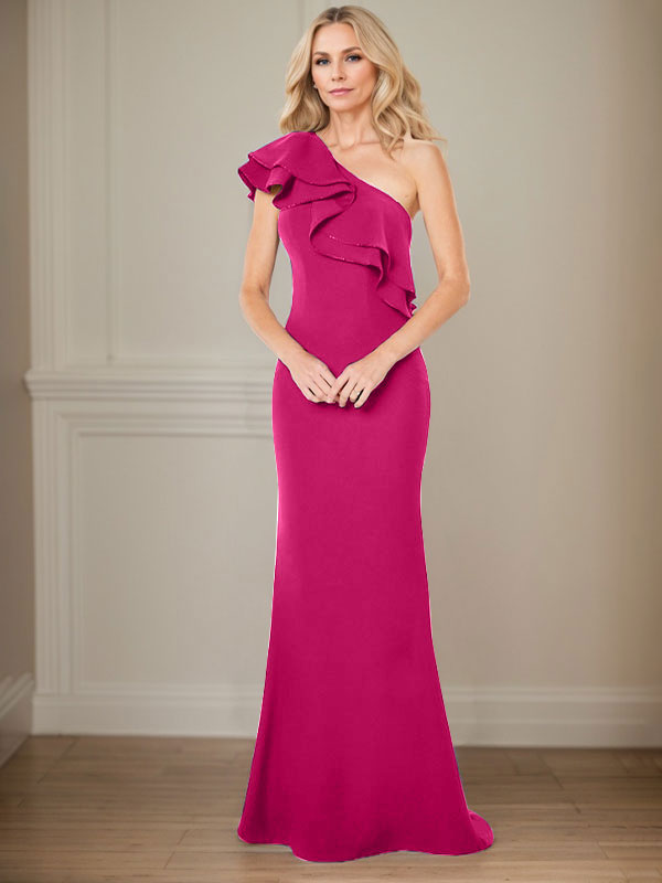 Abito da madre della sposa a linea A in chiffon con una spalla, lunghezza fino a terra e volant