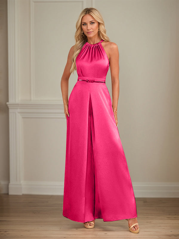 Jumpsuits Neckholder bodenlanges Satin Hochzeitskleid