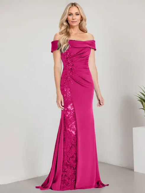 A-Linien Schulterfreies bodenlanges Brautmutterkleid mit Applikationen und Perlenbesatz Meerjungfrauenkleid mit hohem Schlitz