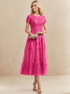Robe de mère de la mariée A-line en tulle et dentelle, col arrondi, longueur thé