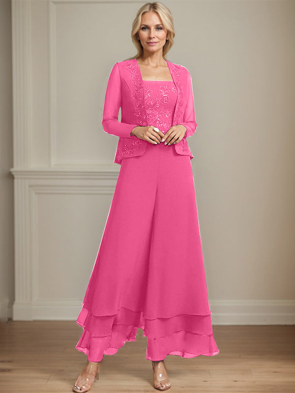 Zweiteiler Jumpsuit/Hosenanzug quadratisch knöchellang Spitze Chiffon Brautmutterkleid mit Pailletten