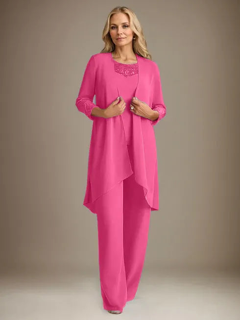 Chiffon Kleid mit Rundhalsausschnitt und langen Ärmeln, Mutter-der-Braut Hosenanzug mit Jacke