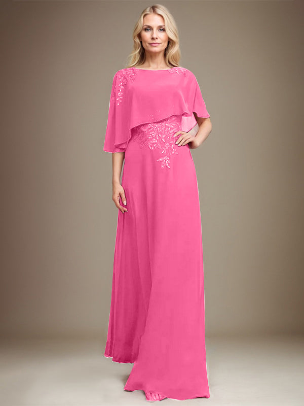 A-Linie Rundhals Bodenlanges Chiffon-Spitzenkleid für die Brautmutter mit Pailletten und Perlen