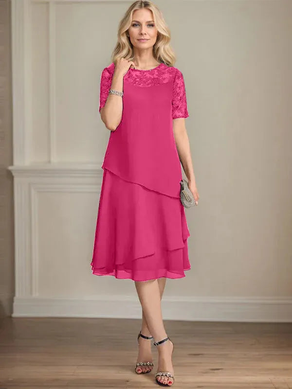 A-Linien Rundhals Illusions-Knie-Länge Spitzen-Chiffon Kleid für die Brautmutter mit Pailletten