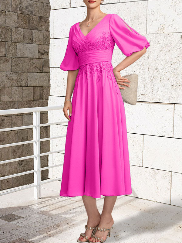 A-Linien Mutterkleid mit V-Ausschnitt, tea-length, Spitze und Chiffon mit Falten