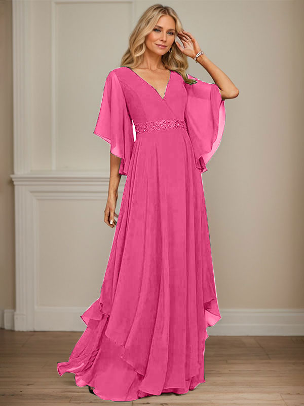 A-Linien V-Ausschnitt bodenlanges Chiffon-Mutter-der-Braut-Kleid mit Pailletten-Applikationen, Spitze und Perlen