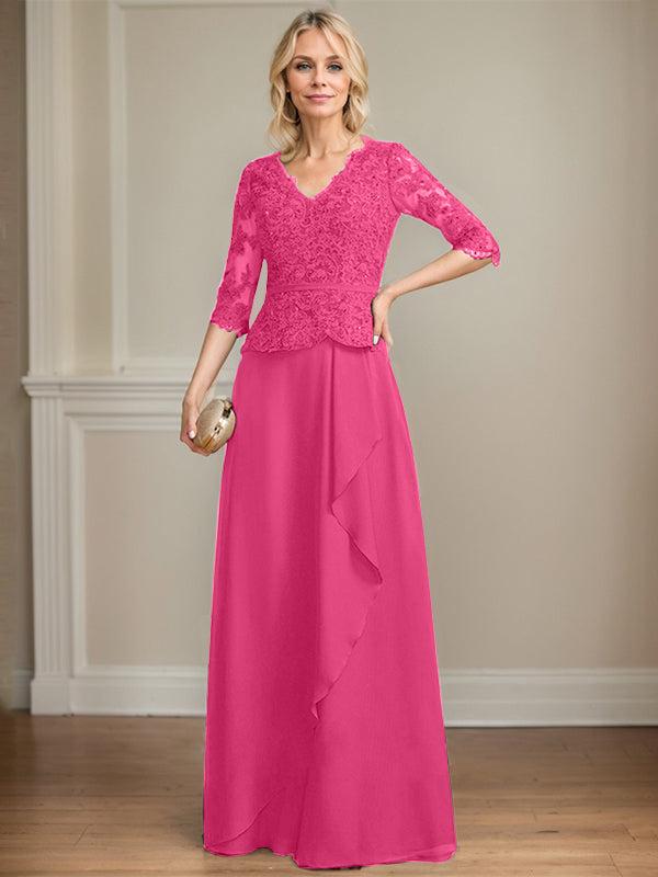 Robe mère de la mariée en dentelle et chiffon, coupe évasée, encolure en V, longue au sol avec volants en cascade et sequins