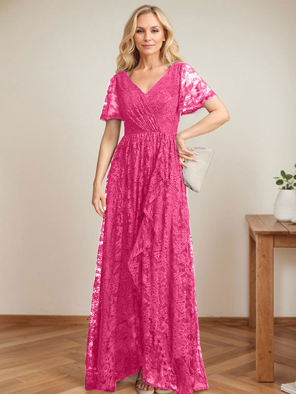 A-Linien Spitzen-Mutter-der-Braut-Kleid mit V-Ausschnitt, asymmetrisch und mit kaskadierenden Rüschen