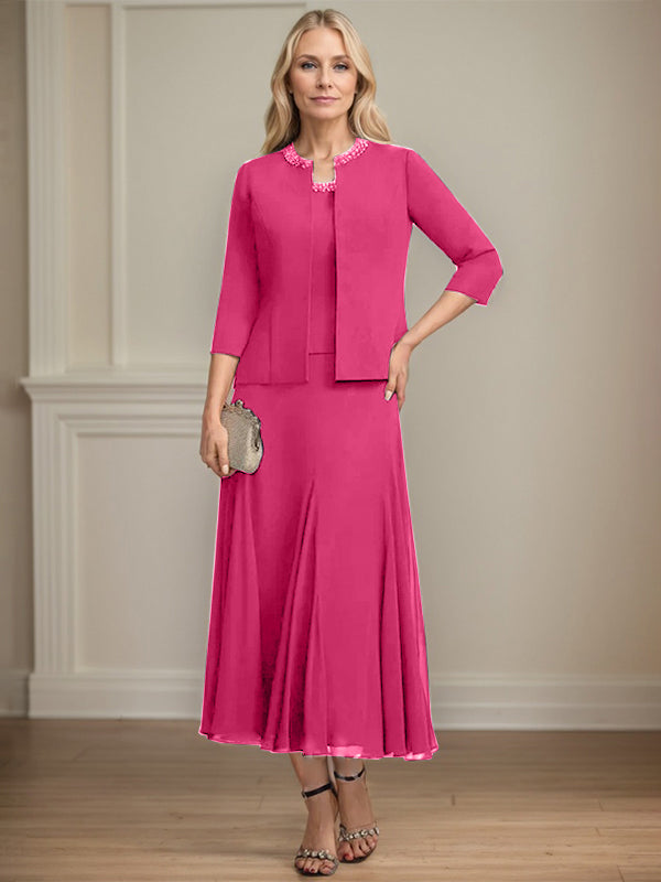 Separates A-Linien Chiffonkleid mit Rundhalsausschnitt, tea-length, Mutter der Braut mit Pailletten und Perlen