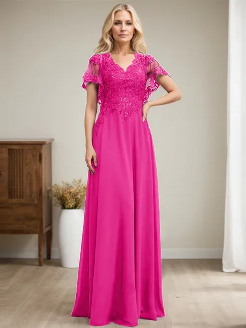A-Linien V-Ausschnitt Bodenlanges Spitzen-Chiffon Kleid für die Brautmutter mit Pailletten