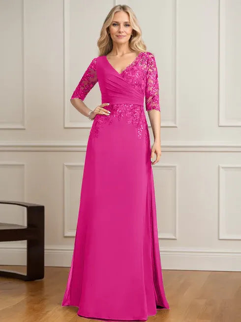 A-Linien V-Ausschnitt bodenlanges Spitzen-Chiffon Kleid der Brautmutter mit plissierten Pailletten
