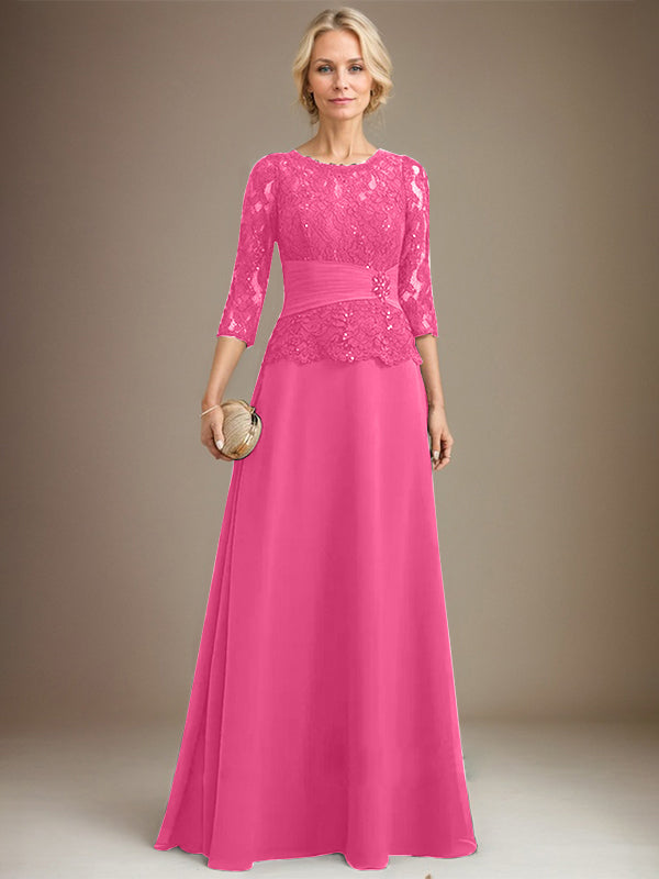 A-Linien Kleid mit Scoop-Ausschnitt, Illusion, bodenlangem Chiffon und Spitze, Mutter-der-Braut-Kleid mit plissierten Pailletten und Perlenbesatz