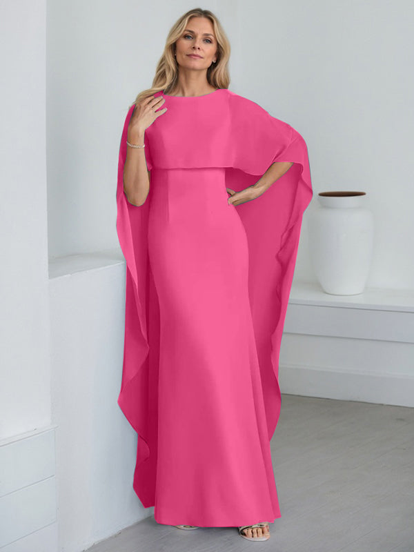 Etui-Kleid mit Rundhalsausschnitt, bodenlang, Chiffon, Mutter-der-Braut-Kleid mit kaskadierenden Rüschen