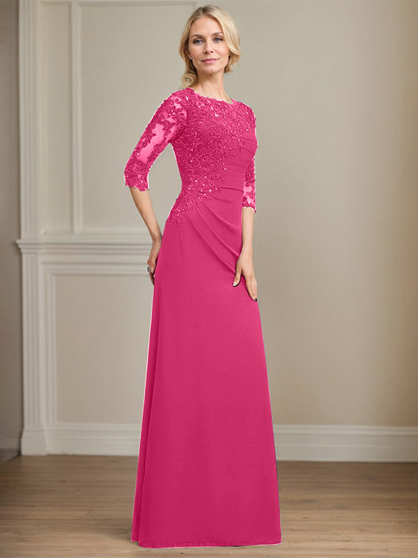 A-Linie Rundhals bodenlanges Chiffon Spitzen Brautmutterkleid mit Perlen Falten Pailletten