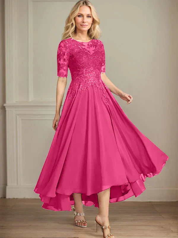 A-Linien Scoop-Ausschnitt Illusion asymmetrisches Chiffon-Spitzen-Mutter-der-Braut-Kleid mit Pailletten