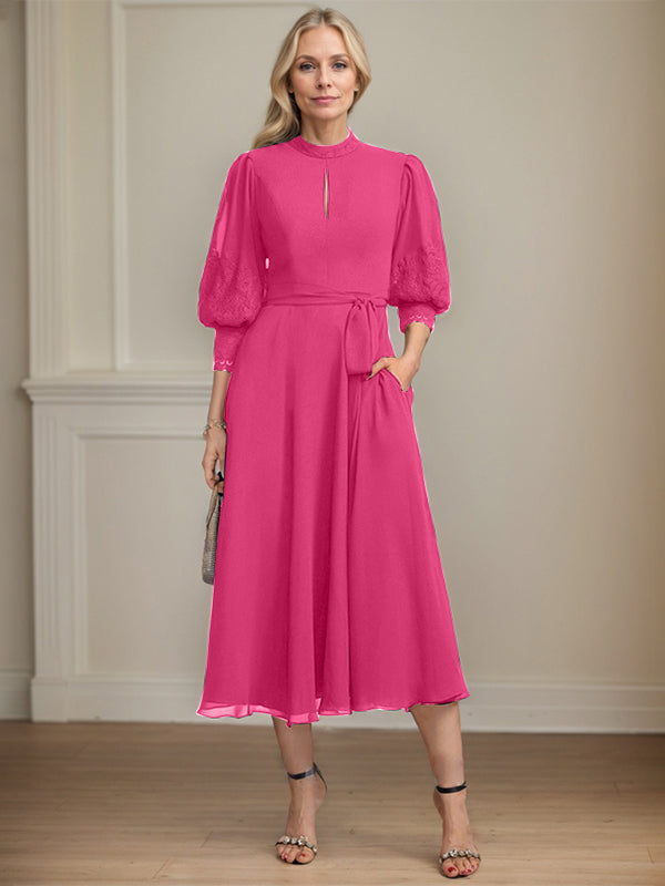 A-Linien Kleid mit hohem Kragen, tea-länge, Spitze und Chiffon, Brautmutterkleid mit Schleife