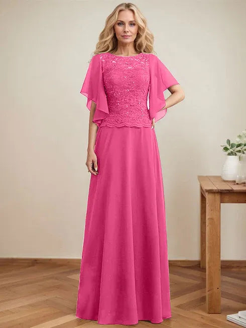 A-Linien Rundhals Illusions-Bodenlanges Spitzen-Chiffon Mutter-der-Braut-Kleid mit Pailletten