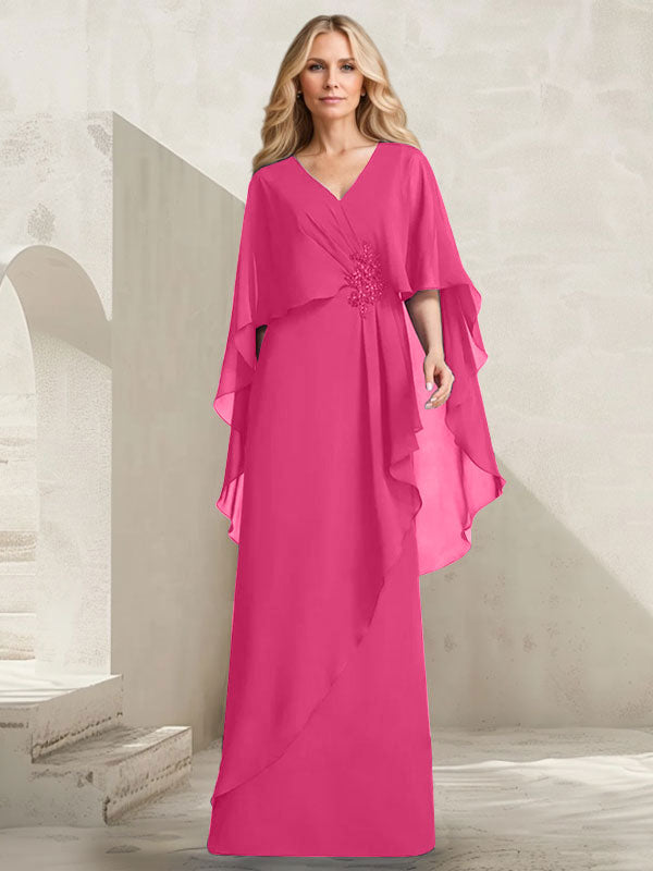 Robe mère de la mariée longue en chiffon coupe trapèze à col en V avec volants en cascade et perles