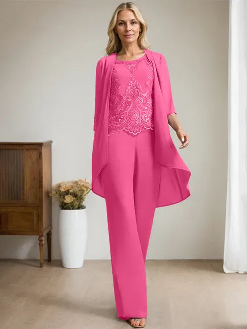 Zweiteiler Jumpsuit/Hosenanzug mit Rundhalsausschnitt, bodenlanges Chiffon-Spitzenkleid für die Mutter der Braut mit Perlen und Pailletten