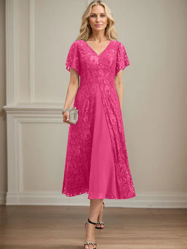 Robe mère de la mariée ligne A en dentelle et mousseline à col en V longueur thé