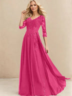 A-Linien V-Ausschnitt Bodenlanges Spitzen-Chiffon Kleid für die Brautmutter mit Pailletten